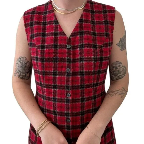 Vintage 1990s Eddie Bauer Red Wool Plaid Tartan Grunge Punk Mini Dress Sz 10 - Picture 7 of 8